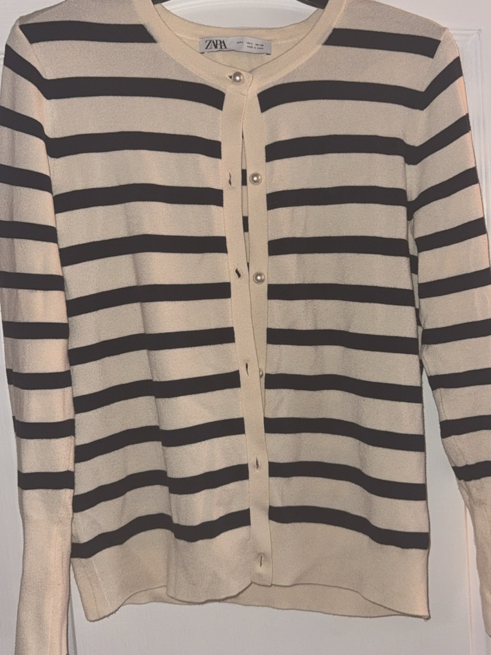 ZARA Cream and navy Striped Crewneck Cardigan